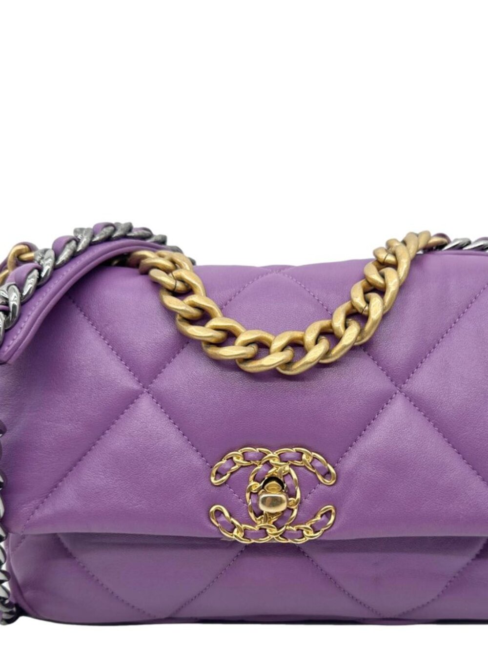 Chanel  19 Flap Medium Quilted Lambskin Leather Shoulder Bag Purple